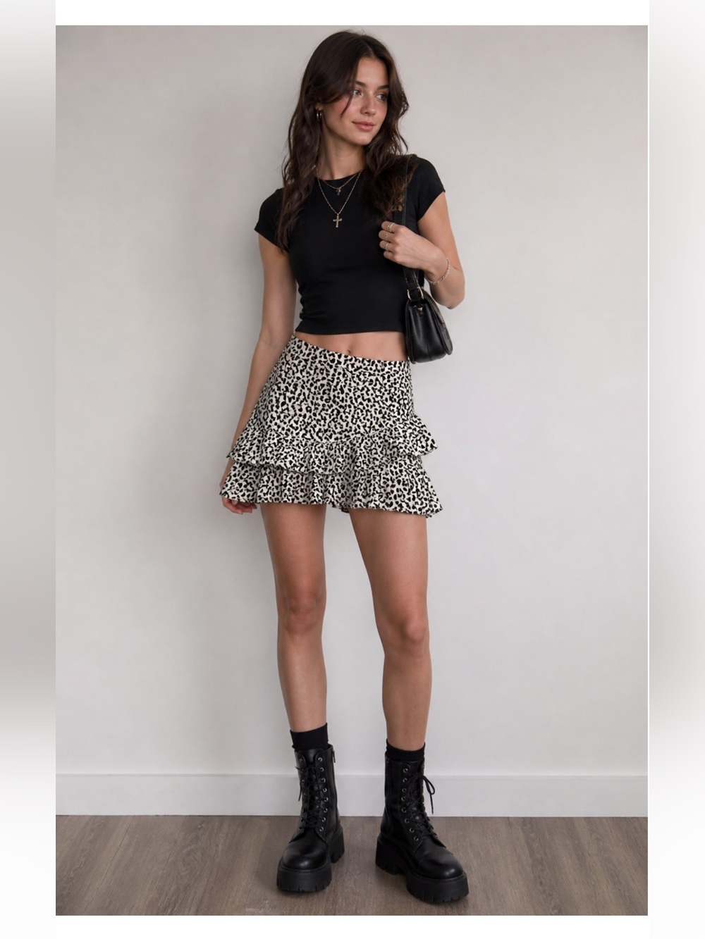 Altar’d State Leopard Print Ruffle Mini Skirt Black White Flowy Y2K Flirty | M